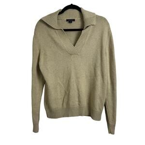 Lands' End Collared V-Neck Sweater Tan Youth Large 14-16 Preppy 100% Cotton